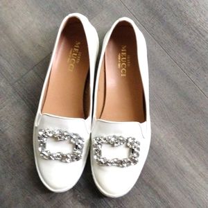 Sesto Meucci Rhinestone Loafer White Patent Leather Slip On Flats Women's 8.5M